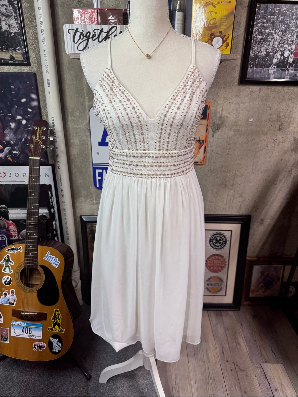 Lulu's White Beaded V-Neck Spaghetti Strap Midi Dress